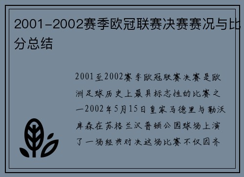 2001-2002赛季欧冠联赛决赛赛况与比分总结